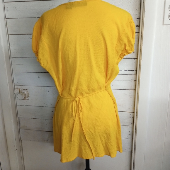 Ashley Stewart 1X Yellow Cotton Boho Tunic Top V-Neck Short Sleeve Blouse - Picture 5 of 13